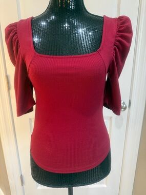 Women’s Square Neck Puff Sleeve Ribbed Top - Burgundy